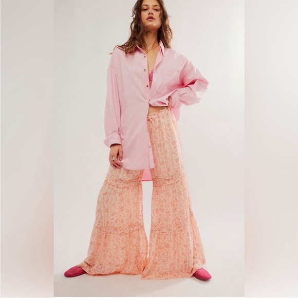 New Free Peoplel Emmaline Tiered Floral Wide Leg Pull-On Pants Peach Combo Sz L - Picture 14 of 16